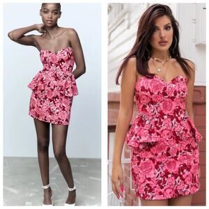 NWT ZARA Rose Floral Jacquard Peplum Mini Dress Size Medium Rhinestone Strapless